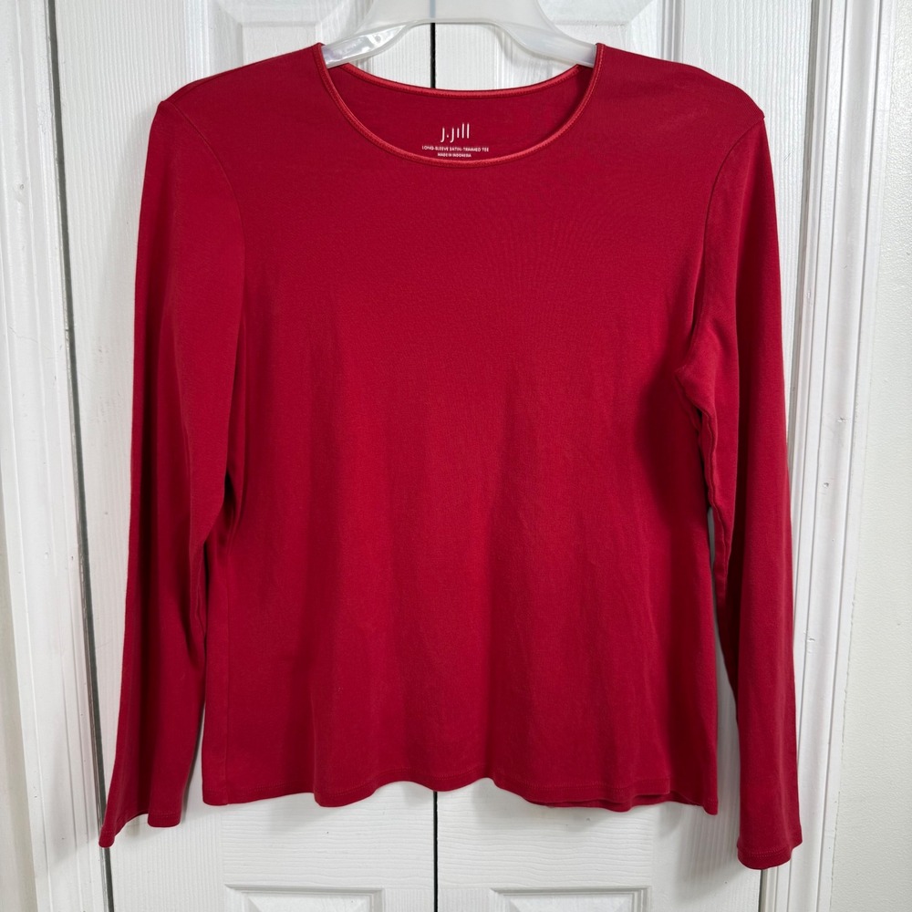 J. Jill Satin-Trimmed Long Sleeve Tee Size L Red Minimalist Classic Cotton Top